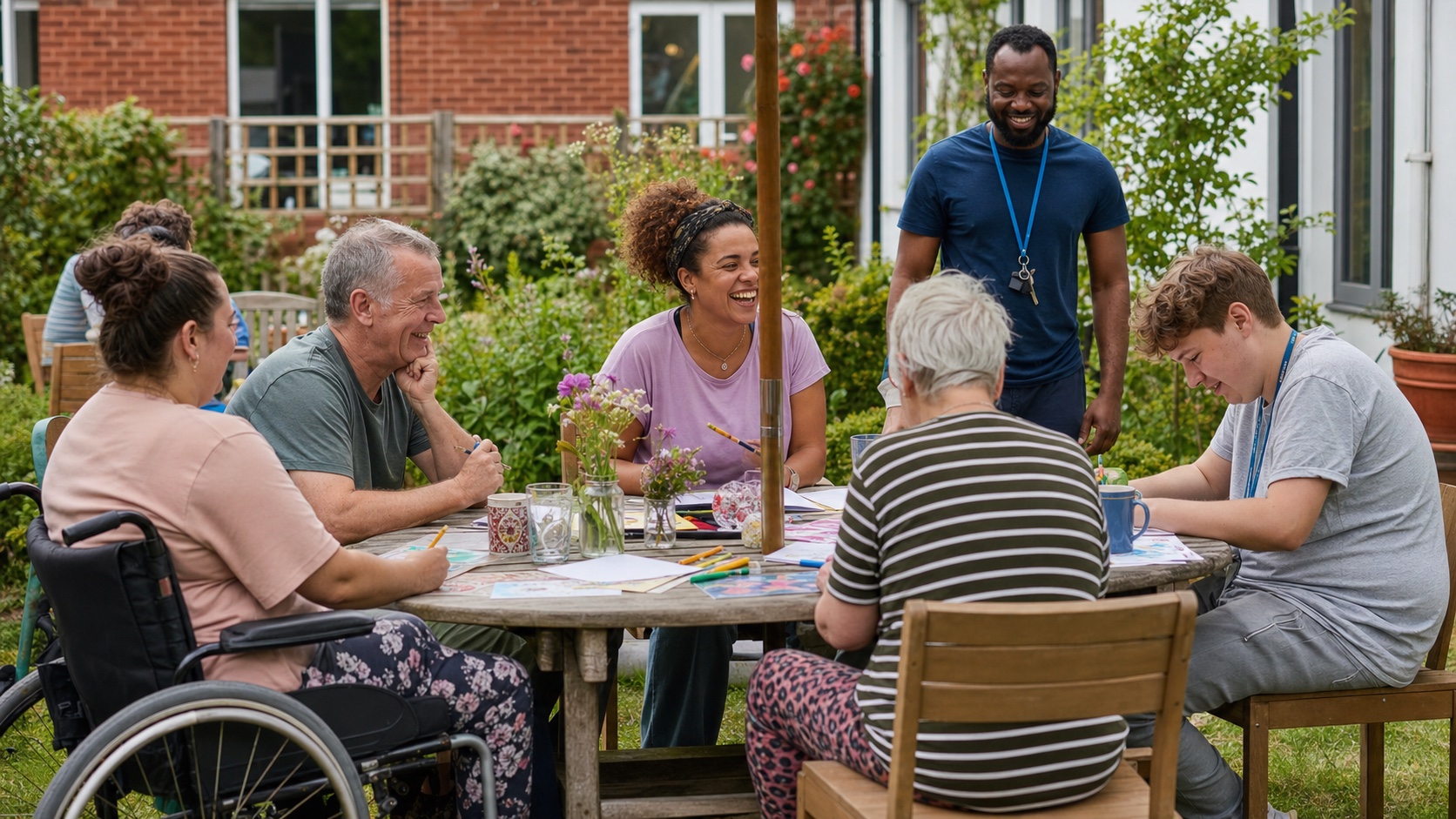 Illustration of adults drawing and spending time together around a garden table