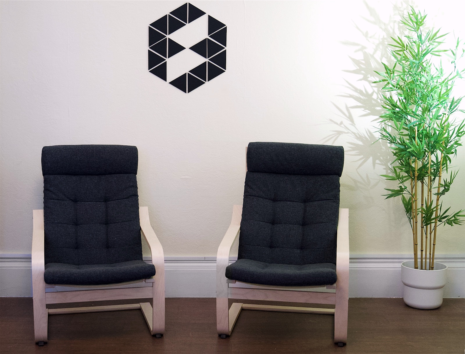 Two armchairs and an indoor plant in the communal seating area at Eden House