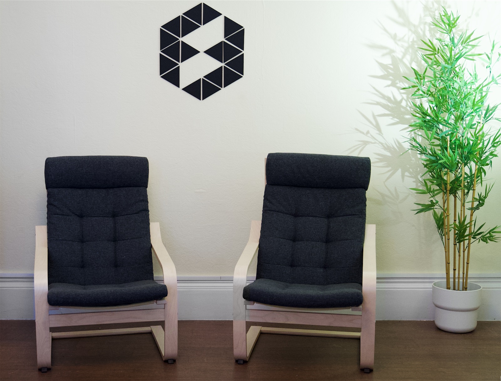 Two armchairs and an indoor plant in the communal seating area at Eden House.