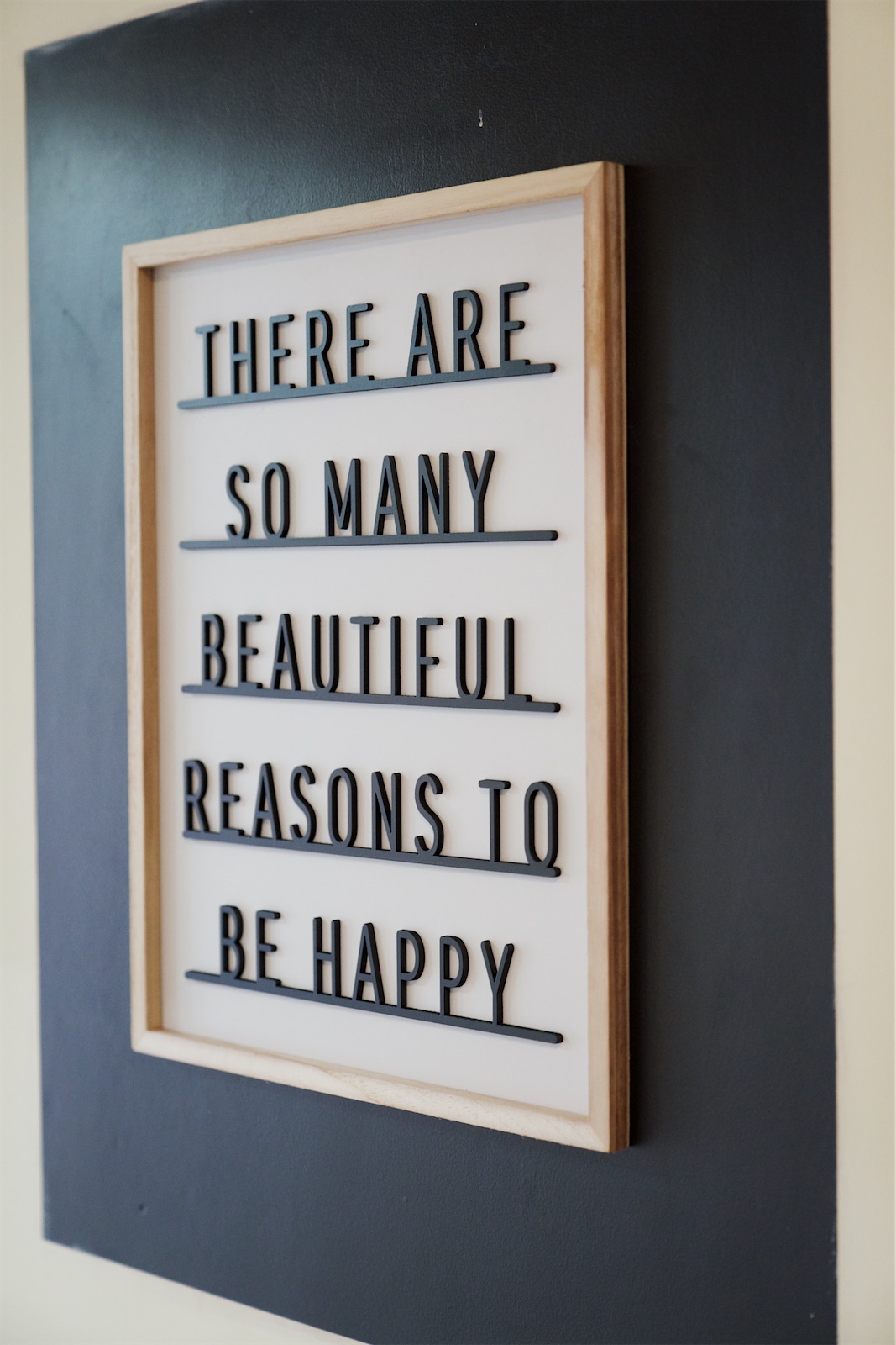 A framed sign reading There are so many beautiful reasons to be happy.