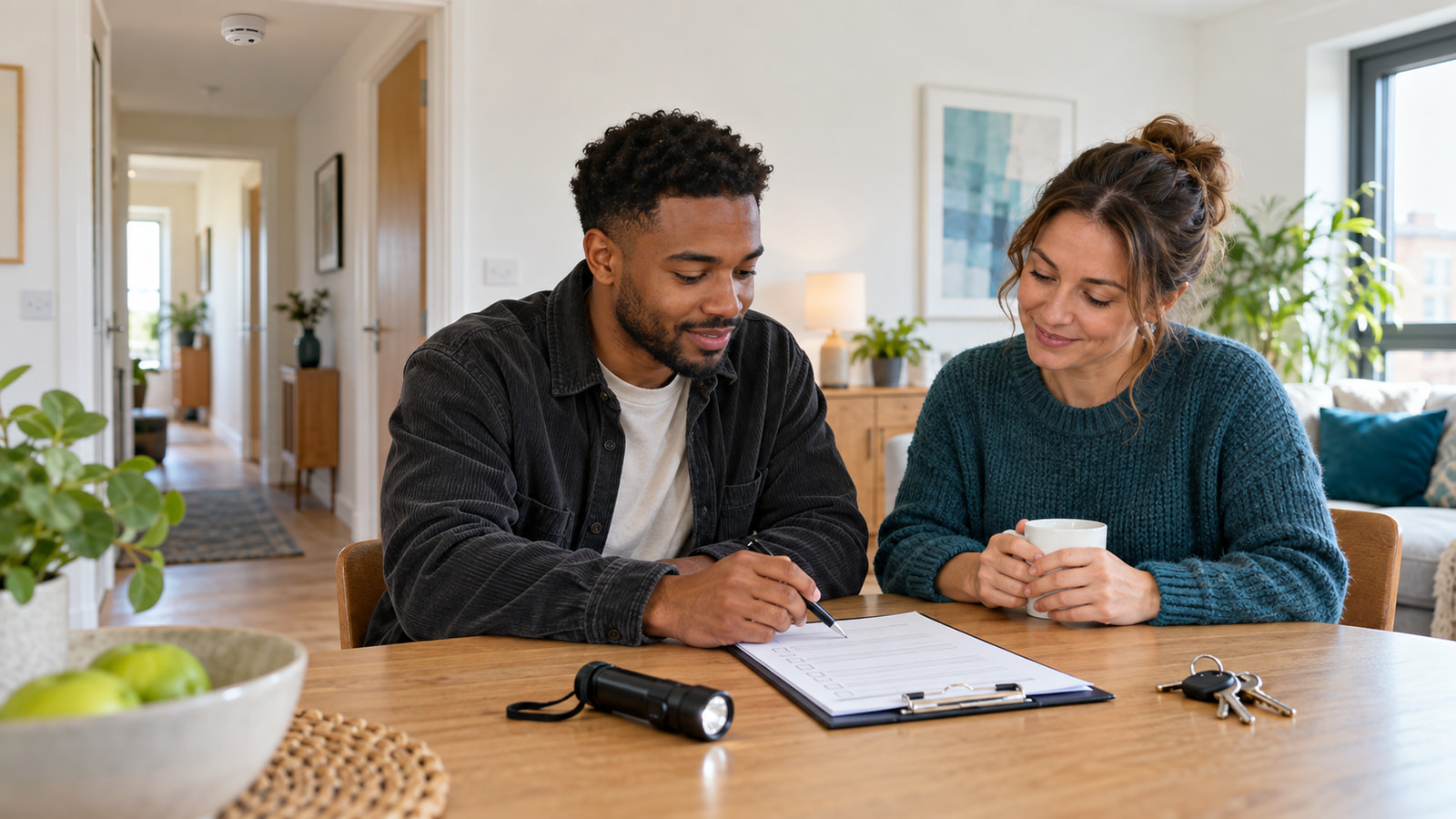 A resident and housing professional reviewing a home-safety checklist together at a dining table