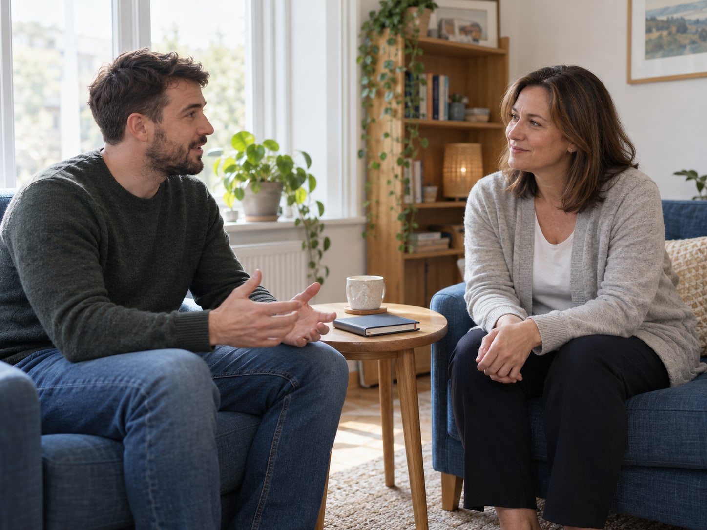 Two adults talking together beside a notebook in a bright room