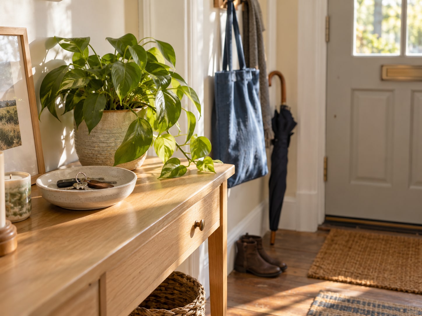 Keys and a houseplant on a wooden console beside a welcoming front door