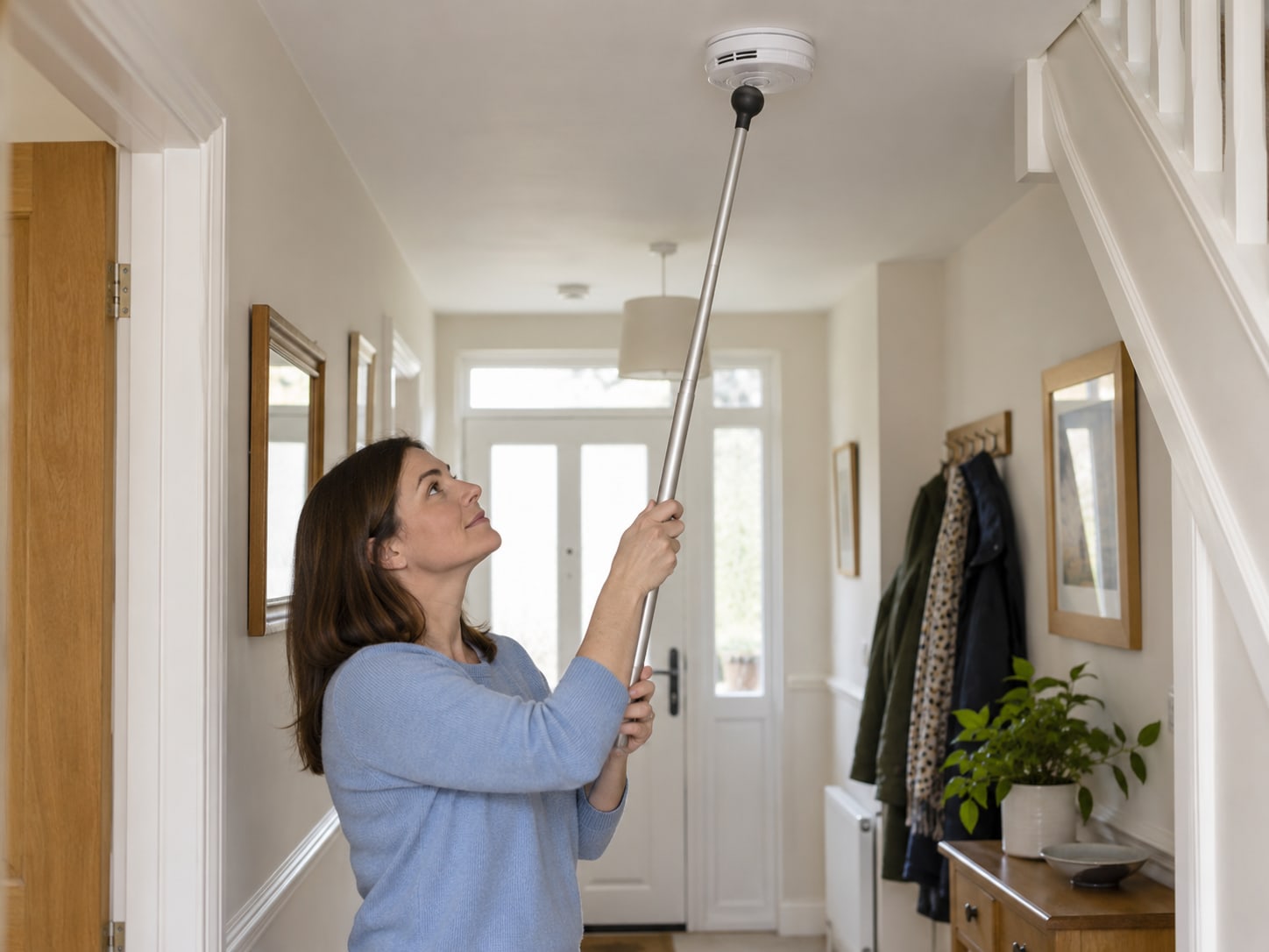 An adult checking a ceiling smoke alarm with a testing pole