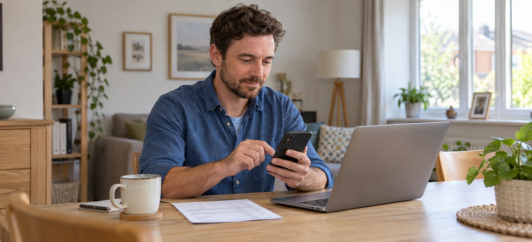 A person checking a smartphone beside a laptop and household paperwork at home