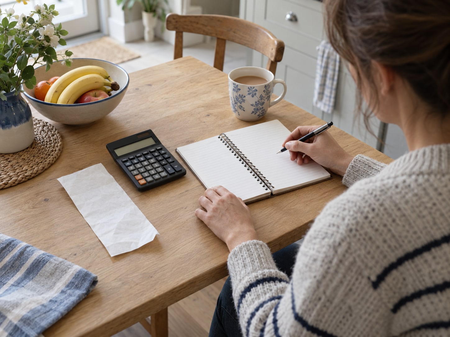 An adult planning a household budget with a notebook and calculator