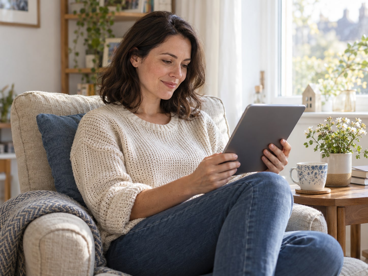 Illustration of an adult reading a newsletter in a comfortable room