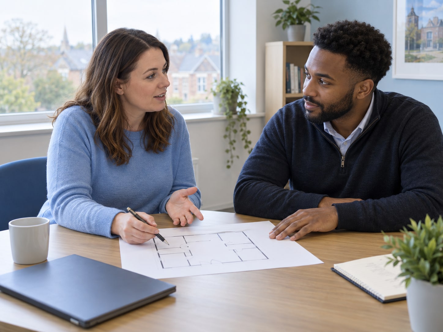 Illustration of adults discussing property plans around a table