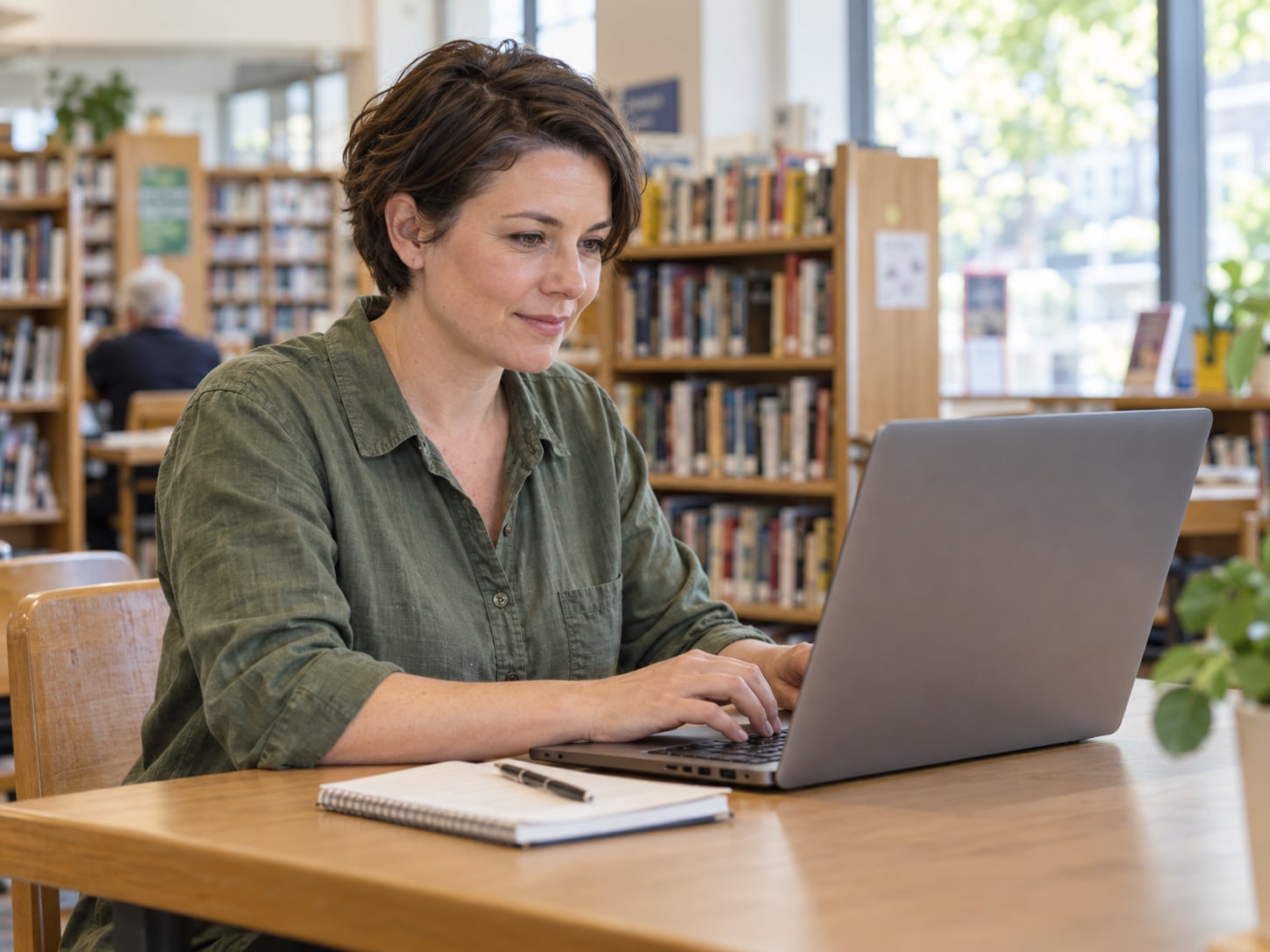 An adult using a laptop and notebook at a library table
